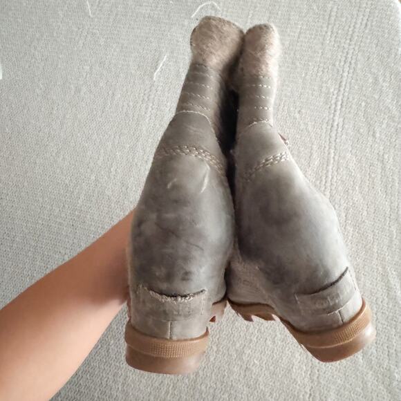 Sorel Brown Grey Wool Detail Lexie Wedge Ankle Bootie Size 8.5 Outdoor Gorp - Picture 5 of 8